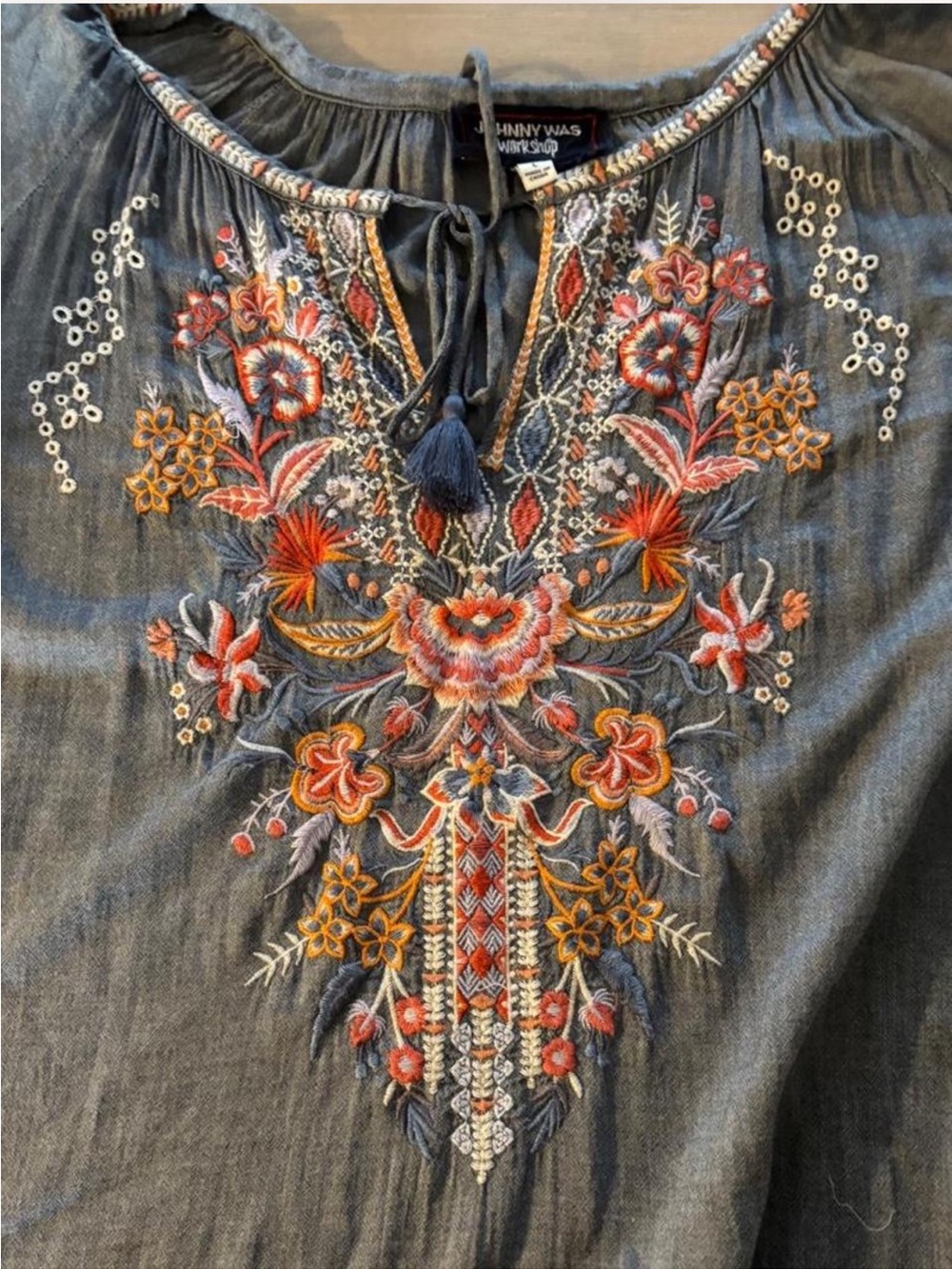 Johnny Was Workshop blue/gray Embroidered Tunic Dress — Size L - Picture 4 of 8